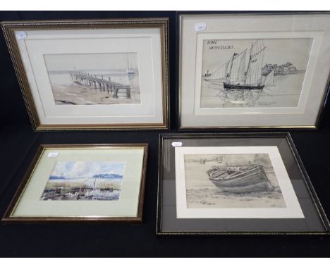 ARTHUR R BRADBURY (1892-1978) two watercolours of coastal scenes, a pen drawing of a Guernsey fishing boat and a pencil of a 