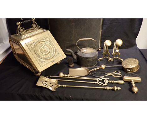 A VICTORIAN BRASS COAL PURDONIUM a fire guard, a brass chestnut roasting pan, a kettle, and various fire tools
