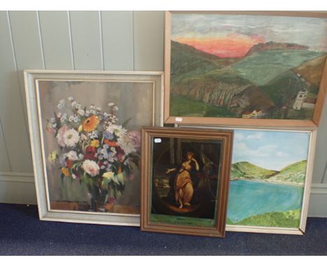A 19TH CENTURY REVERSE GLASS PRINT 'HOPE' (damaged), a flower painting by G.Cape, and two naive oil paintings of Lulworth Cov