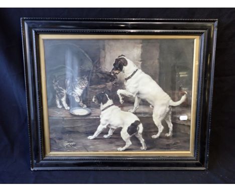 LUCY A. LEAVERS, 'TERRIERS BAITING CAT' lithograph, 36cm x 46cm, in ebonised frame, label verso indicating original housed at