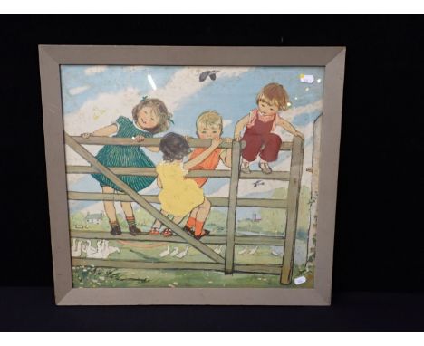MURIEL DAWSON: 'FUN ON THE GATE' a nursery print, in painted frame 60 x 54cm