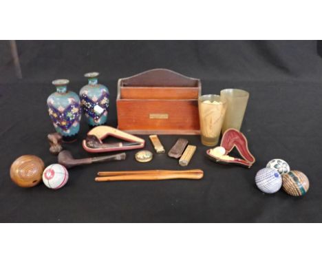 A RECORD BAKELITE AND 9CT GOLD BANDED PIPE, CASED two other pipes, a pair of cloisonnÃ© vases, five carpet bowls and a select