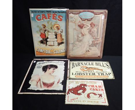 FIVE REPRODUCTION PRINTED METAL ADVERTISING ENAMEL SIGNS including Cafes du Comptoir des Colonies, 40cm x 30cm