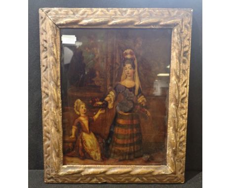MOTHER AND CHILD, REVERSE PRINT ON GLASS 18th century, 25 x 31cm