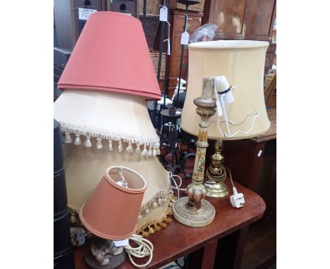 A CONTINENTAL PAINTED WOOD TABLE LAMP (a/f), with other lamps, shades, and wrought candlesticks