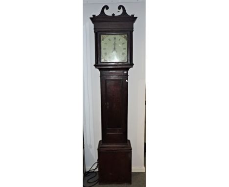 A 19TH CENTURY OAK LONGCASE CLOCK BY JOHNATHAN PEARSON OF TOWCESTER the painted dial with calendar aperture to the thirty hou