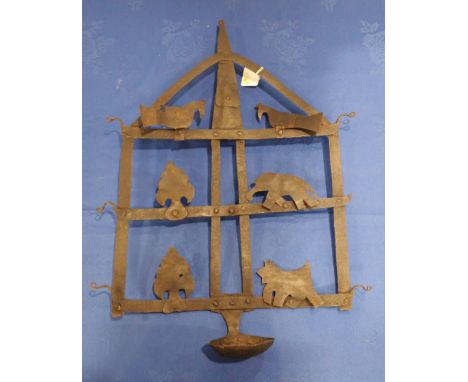 A FOLK ART IRON HANGING LAMP of grid-iron form, with cut-out birds and animals 42 x 59cm