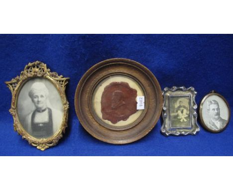 Oak framed, silver, wax portrait seal, small silver photograph frame, gilt metal photograph frame and another metal photograp