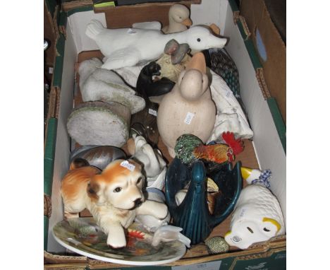 Box of assorted china to include: ceramic animals, dogs, cockerel, birds etc. (B.P. 24% incl. VAT)