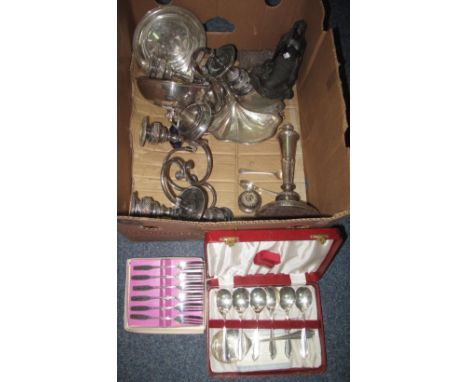 Box of assorted metalware, various to include silver plated muffin dish with Ich Dien finial, silver plated hors d'oeuvres di