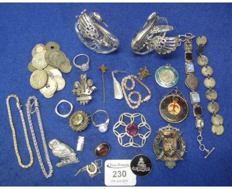 A collection of coins and costume jewellery including a silver multi gem bracelet and a pair of cut glass and silver salt sel