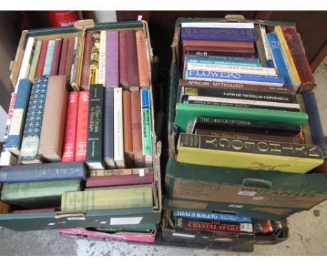 Seven trays of assorted books, various, to include: 'African Mythology', botanical, 'The Big Book of Gardening', paperbacks, 