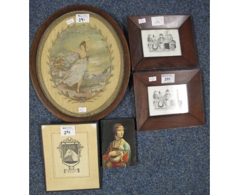 Assorted small pictures to include: oval embroidered silk panel of a dancing woman; two Welsh 'Market Scenes' from the engrav