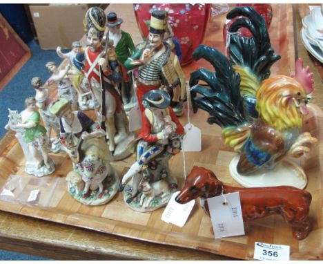 Tray of assorted china to include pair of west German cockerel, Goebel west German dachshund, continental porcelain military 