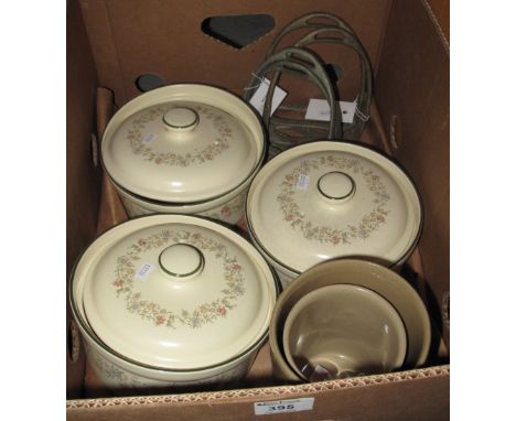 Box of miscellaneous items to include: three floral design casserole dishes, two ceramic kitchen canisters by Pearsons of Che