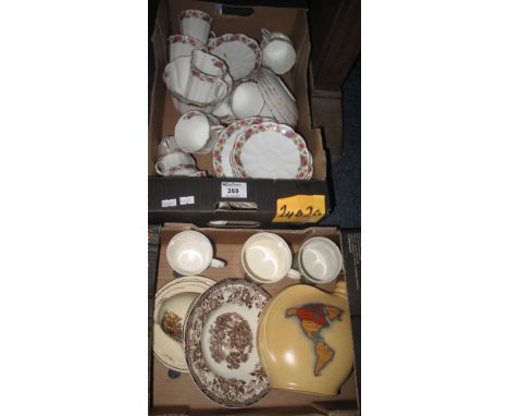 Box of fluted and floral teaware together with a box comprising commemorative mugs, Tonquin Royal Staffordshire bowl by Clari
