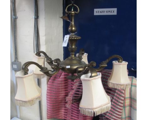 Oxidised brass five branch chandelier with fabric shades.(B.P. 24% incl. VAT)