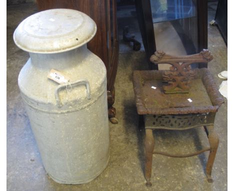 Vintage metal two handled lidded milk churn, together with a Victorian boot scraper and a brass footman. (3)(B.P. 24% incl. V