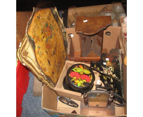 Box of assorted items to include papier mache floral trays., Russian lacquered painted floral boxes, wooden book trough, mini