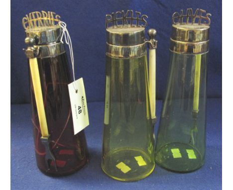 Unusual set of three coloured glass jars with silver mounted tops and ivorine forks, marked: 'Olives', 'Pickles' and 'Cherrie