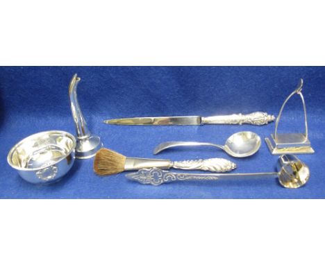 Bag of silver and other items to include: wine funnel; brush; letter knife; wishbone shaped watch stand etc.(B.P. 24% incl. V