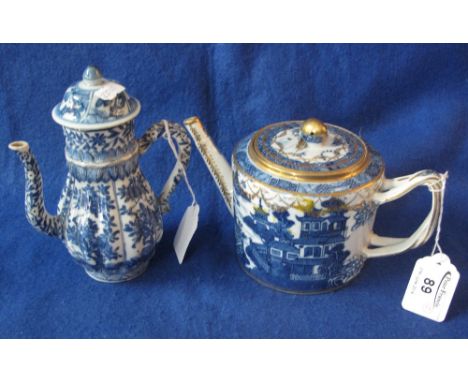 Two items of 18th Century Chinese blue and white porcelain, straight sided blue and white teapot with over gilding and interl