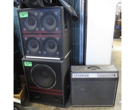 Two similar Trace Elliot Professional loud speaker cabinets with covers, together with a Carlsbro amp. (3)(B.P. 24% incl. VAT