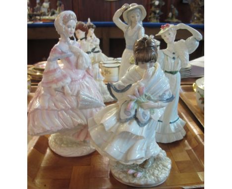 A tray of Coalport, Royal Worcester and Spanish porcelain figurines to include "Visiting Day", "Alexandra at the ball", "The 