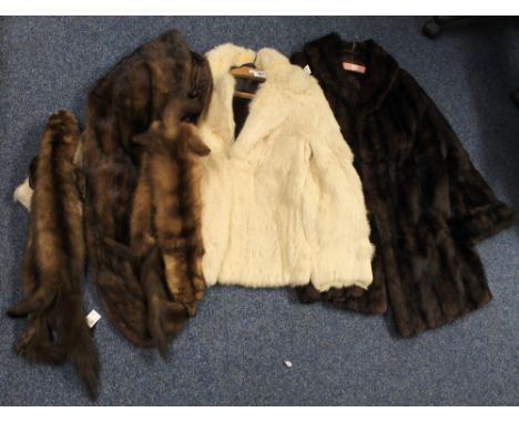 Collection of vintage fur items to include: a cream rabbit fur jacket, two fur tippets, a fur stole and a dark brown striped 