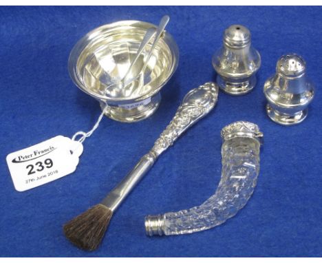 Various condiment items: small silver dish; silver handled brush; cut glass silver mounted scent etc.(B.P. 24% incl. VAT)