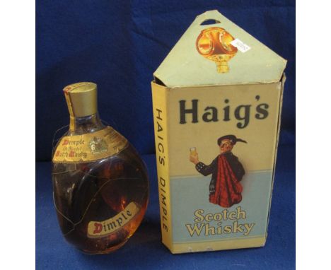 One bottle Haig's Dimple Old Blended Scotch Whisky, with wire covering and in original box depicting country and other sports