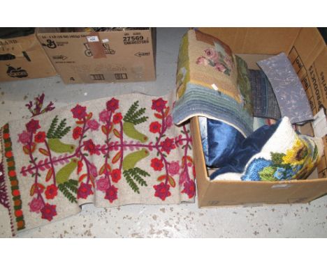 Box of textiles to include: an embroidered woolwork wall hanging with bird and floral decoration, various tapestry, embroider