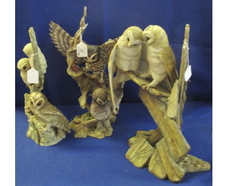 Group of three modern ceramic sculptural groups of owls on branches and rockwork.  Two marked: Teviotdale, Caledonian collect