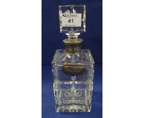 Heavy cut lead crystal glass square section spirit decanter and stopper, overall with raised thumb cut panels and star cut ba