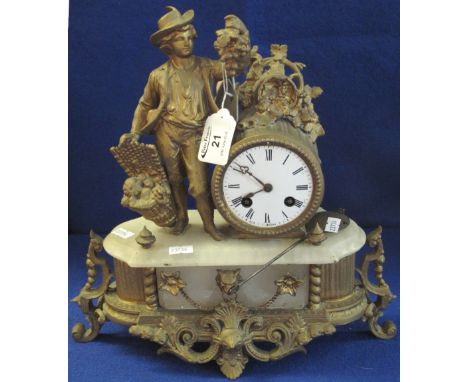 19th Century French gilded spelter and alabaster two train, figure mounted mantel clock, brass drum movement striking on one 