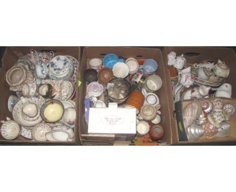 Three boxes of assorted, mainly china, to include: 19th Century and other teaware, Village Shop porcelain teapot in original 