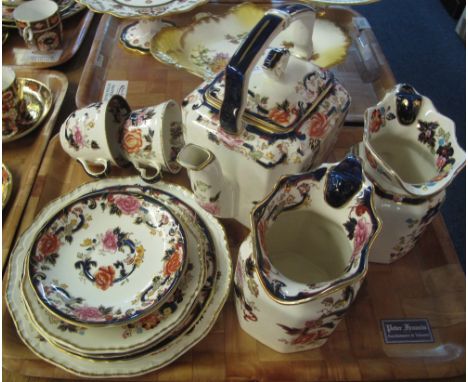 Tray of Masons Ironstone 'Mandarin' design items to include two pouch shaped dresser jugs, teacups and saucers, plates and la