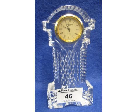 Waterford cut lead crystal glass mantelpiece clock in the form of a miniature grandfather clock, with quartz movement.  15cm 