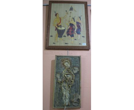 Painted study of North American Indians dancing, together with a 20th Century wirework collage relief portrait signed Harry M