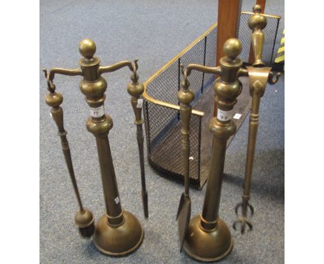 Pair of brass pillar fireside companion stands with matching brass and steel fire irons.(B.P. 24% incl. VAT)