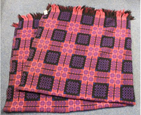 Black, pink and purple ground vintage Welsh double carthen/blanket with fringe. (B.P. 24% incl. VAT)
