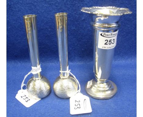 Silver trumpet shaped vase with loaded base, Birmingham hallmarks, together with a pair of modern silver, bark finish specime