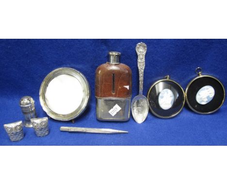 Bag of assorted silver and other items to include: photograph frame; condiments; flask etc.(B.P. 24% incl. VAT)