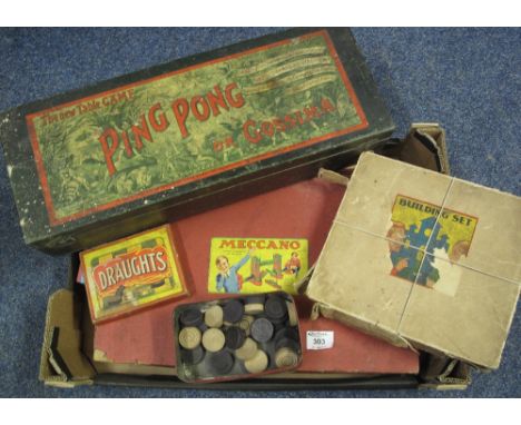 Collection of assorted vintage games to include: the new table game of Ping-Pong or Gossima, Meccano set no. 7, draughts, bui