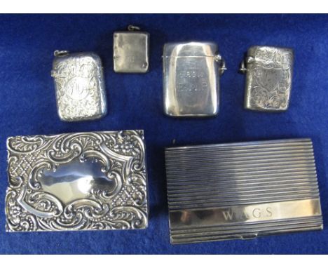 Three silver Vesta cases, repousse matchbox holder and plated calling card case. (B.P. 24% incl. VAT)