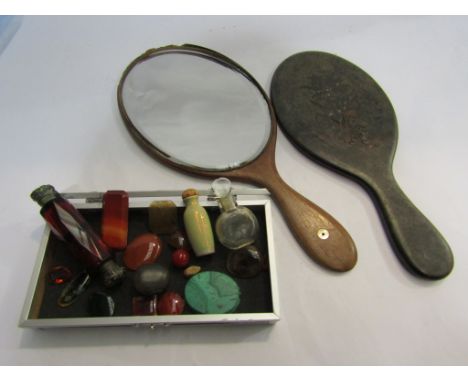 A small quantity of semi-precious stones including a malachite disc, three scent bottles including amber faceted glass and tw