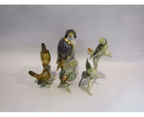 Karl Ens: Wren porcelain figure and Goebel kingfisher, Crown Derby Peregrine Falcon paperweight etc. (4)
