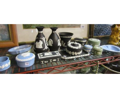 A selection of Wedgwood Jasperware in blue, green and black including trinket pots and vases  