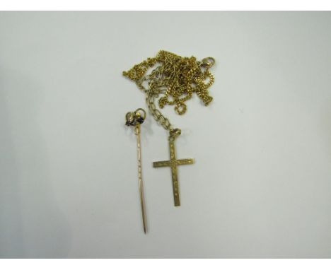 A 9ct gold chain with crucifix pendant, a gold chain and a rose gold stick pin (3)