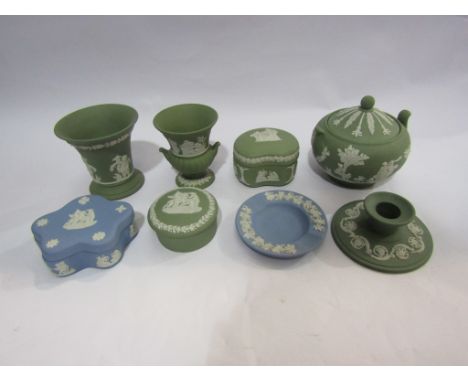 A selection of Wedgwood Jasperware including trinket boxes, candlestick, pin dish and a lidded pot (8)